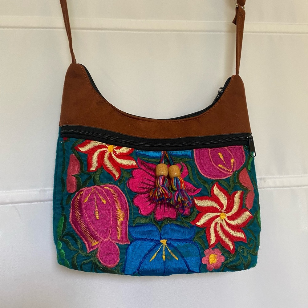 EMBROIDERED Floral Faux Suede Shoulder Bag